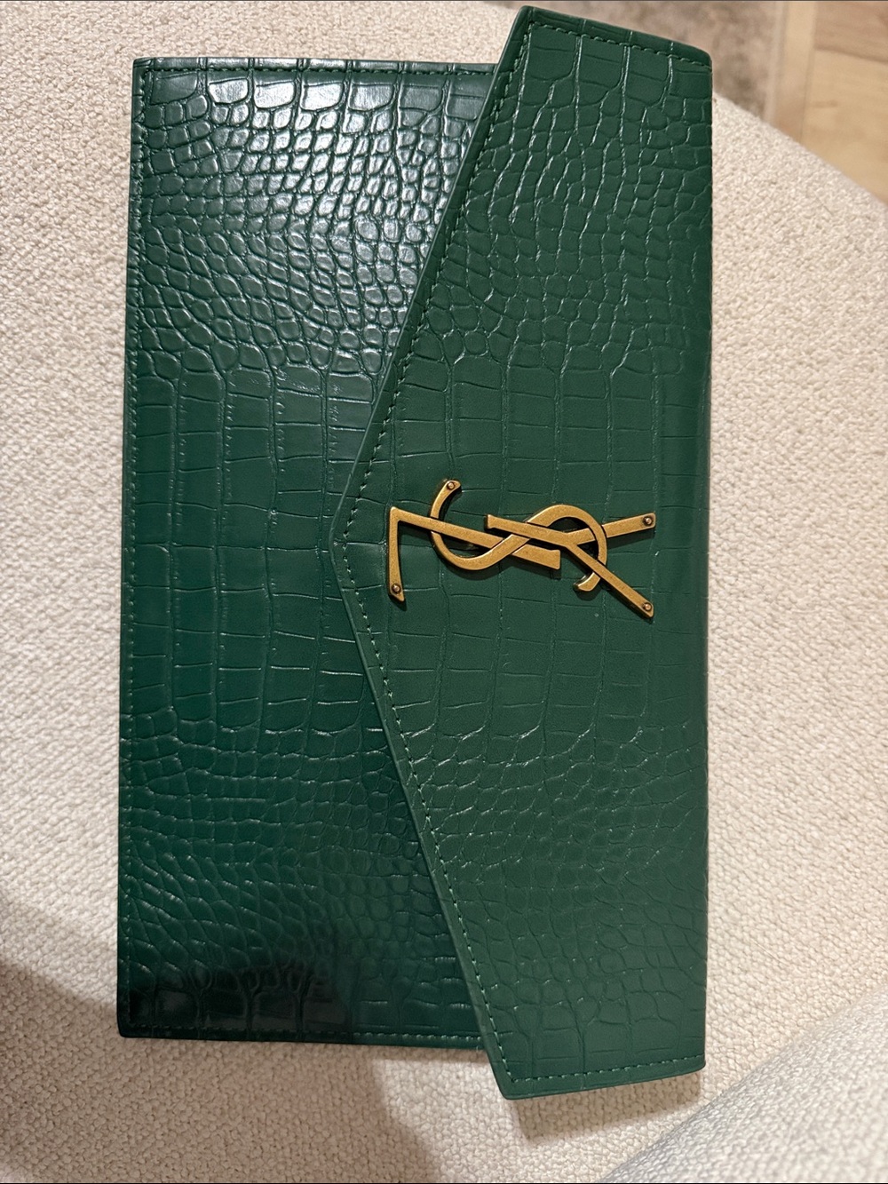 Authentic Saint Laurent Green Croc-Embossed Envelope Clutch with Gold Logo